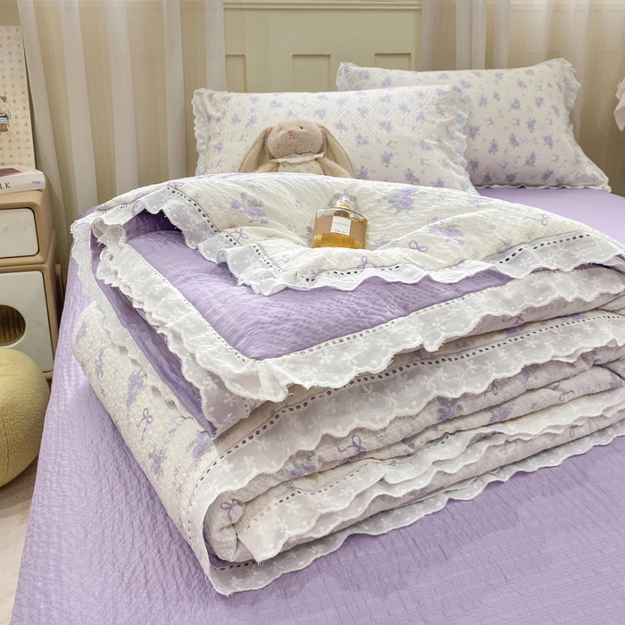 91家纺网 家纺一手货源 找家纺 优贝 2026直播爆款云感双层纱皱皱纱韩系花边夏被四件套 春风里