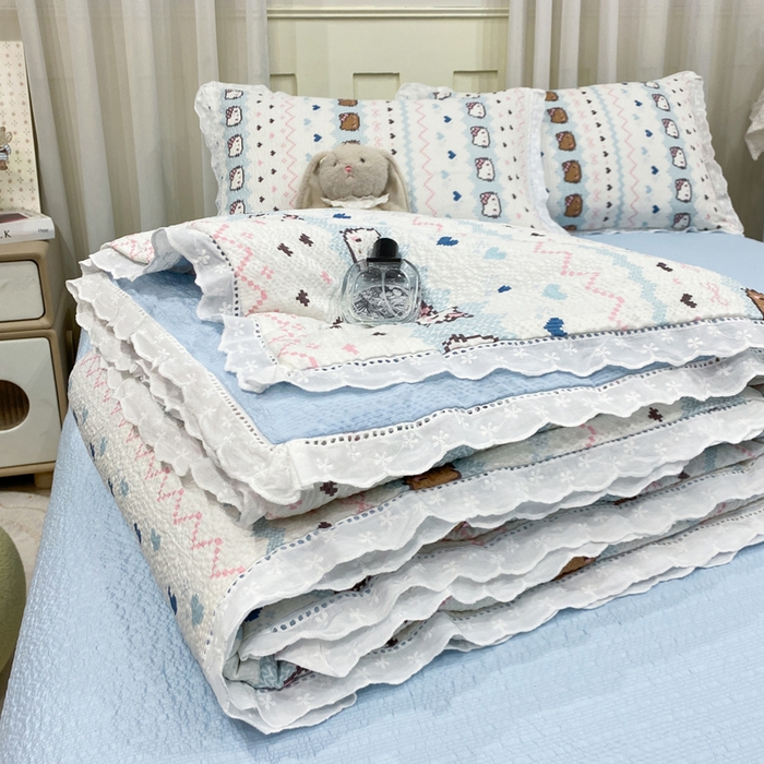 91家纺网 家纺一手货源 找家纺 优贝 2026直播爆款云感双层纱皱皱纱韩系花边夏被四件套 繁星小猫