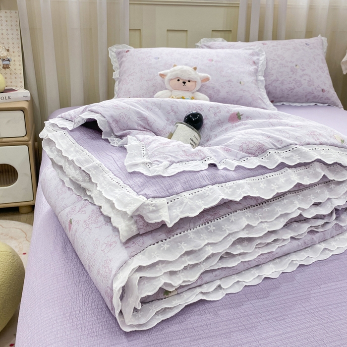 91家纺网 家纺一手货源 找家纺 优贝 2026直播爆款云感双层纱皱皱纱韩系花边夏被四件套 花有花期