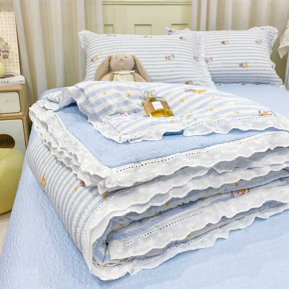 91家纺网 家纺一手货源 找家纺 优贝 2026直播爆款云感双层纱皱皱纱韩系花边夏被四件套 星星点点