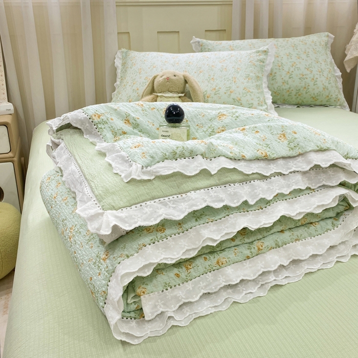 （总）优贝 2026直播爆款云感双层纱皱皱纱韩系花边夏被四件套