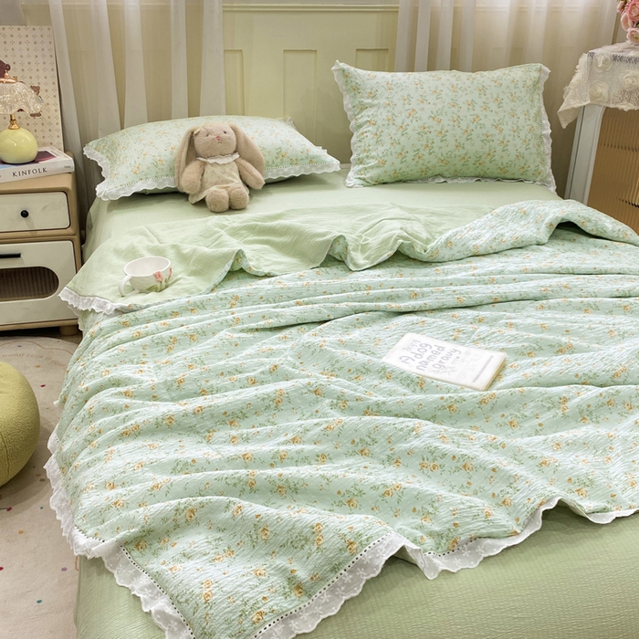 91家纺网 家纺一手货源 找家纺 优贝 2026直播爆款云感双层纱皱皱纱韩系花边夏被四件套 栀子花