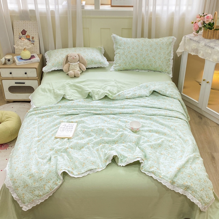 91家纺网 家纺一手货源 找家纺 优贝 2026直播爆款云感双层纱皱皱纱韩系花边夏被四件套 栀子花