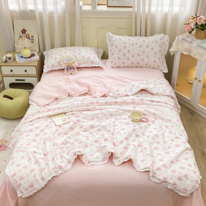 91家纺网 家纺一手货源 找家纺 优贝 2026直播爆款云感双层纱皱皱纱韩系花边夏被四件套 初恋