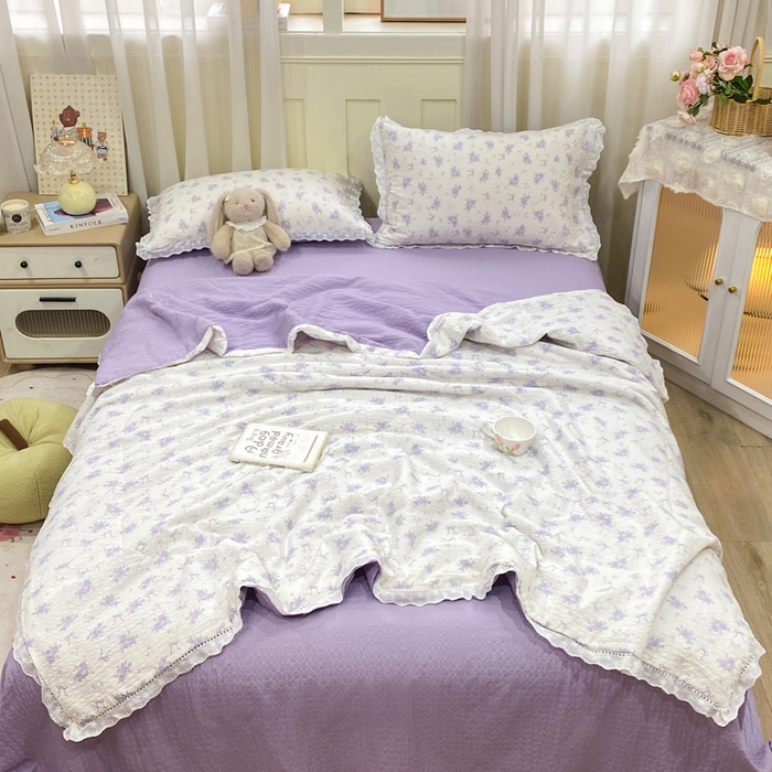 91家纺网 家纺一手货源 找家纺 优贝 2026直播爆款云感双层纱皱皱纱韩系花边夏被四件套 春风里