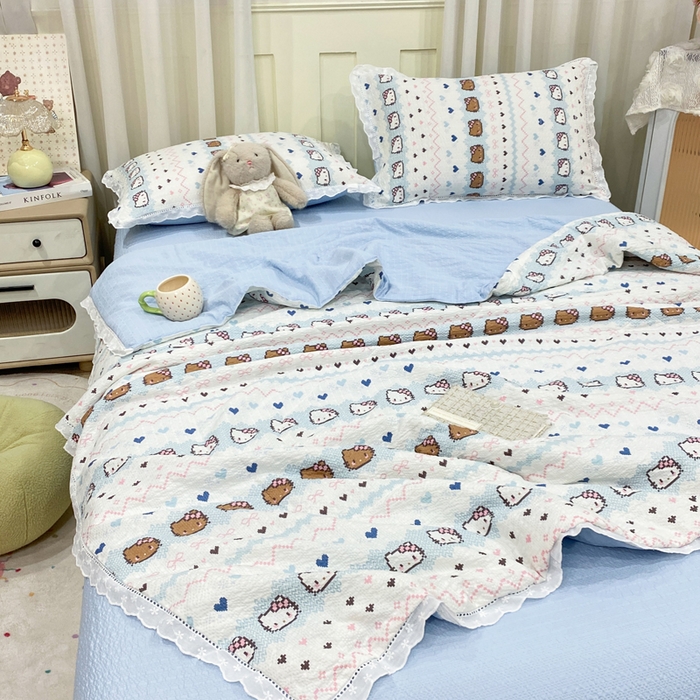 91家纺网 家纺一手货源 找家纺 优贝 2026直播爆款云感双层纱皱皱纱韩系花边夏被四件套 繁星小猫