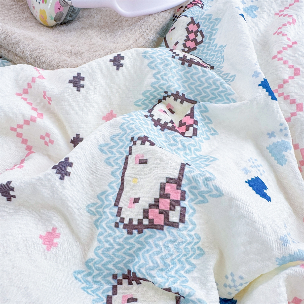 91家纺网 家纺一手货源 找家纺 优贝 2026直播爆款云感双层纱皱皱纱韩系花边夏被四件套 繁星小猫