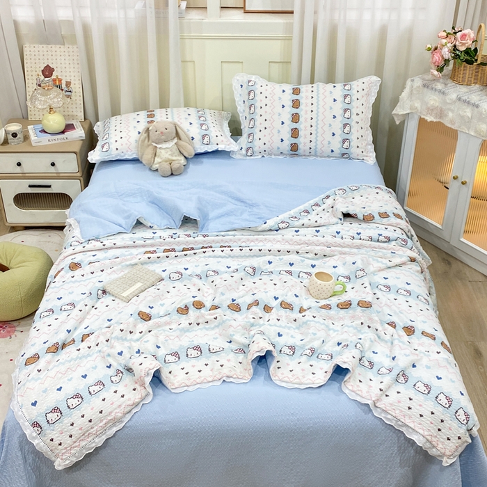 91家纺网 家纺一手货源 找家纺 优贝 2026直播爆款云感双层纱皱皱纱韩系花边夏被四件套 繁星小猫