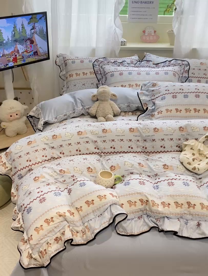 91家纺网 家纺一手货源 找家纺 优贝 2026直播爆款云感双层纱皱皱纱韩系花边夏被四件套 繁星小猫