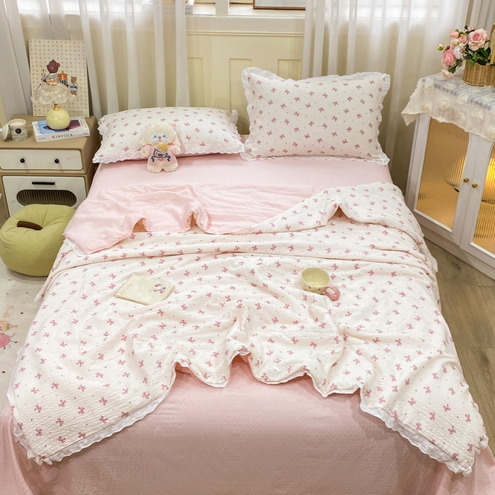 91家纺网 家纺一手货源 找家纺 优贝 2026直播爆款云感双层纱皱皱纱韩系花边夏被四件套 蝴蝶梦