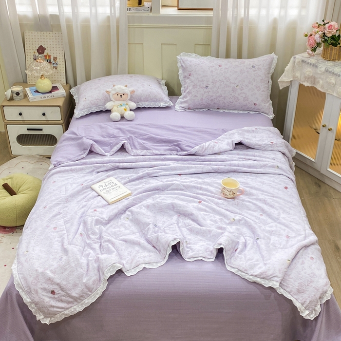 91家纺网 家纺一手货源 找家纺 优贝 2026直播爆款云感双层纱皱皱纱韩系花边夏被四件套 花有花期