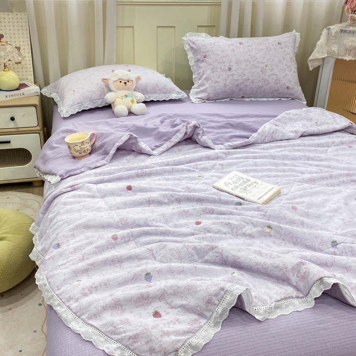 91家纺网 家纺一手货源 找家纺 优贝 2026直播爆款云感双层纱皱皱纱韩系花边夏被四件套 花有花期