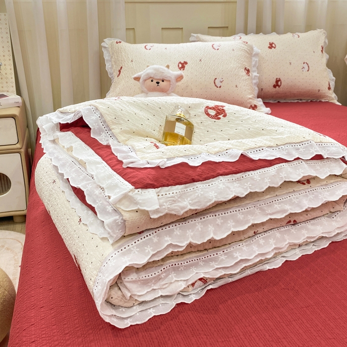 优贝 2026直播爆款云感双层纱皱皱纱韩系花边夏被四件套 马上有钱