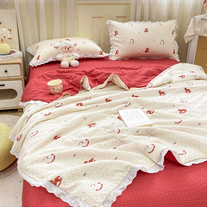 91家纺网 家纺一手货源 找家纺 优贝 2026直播爆款云感双层纱皱皱纱韩系花边夏被四件套 马上有钱