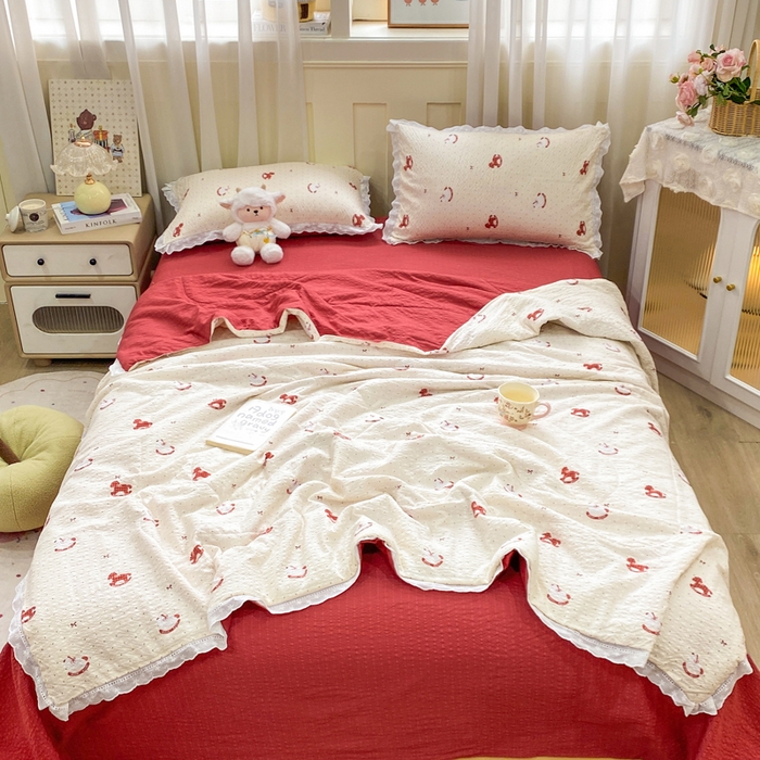 91家纺网 家纺一手货源 找家纺 优贝 2026直播爆款云感双层纱皱皱纱韩系花边夏被四件套 马上有钱