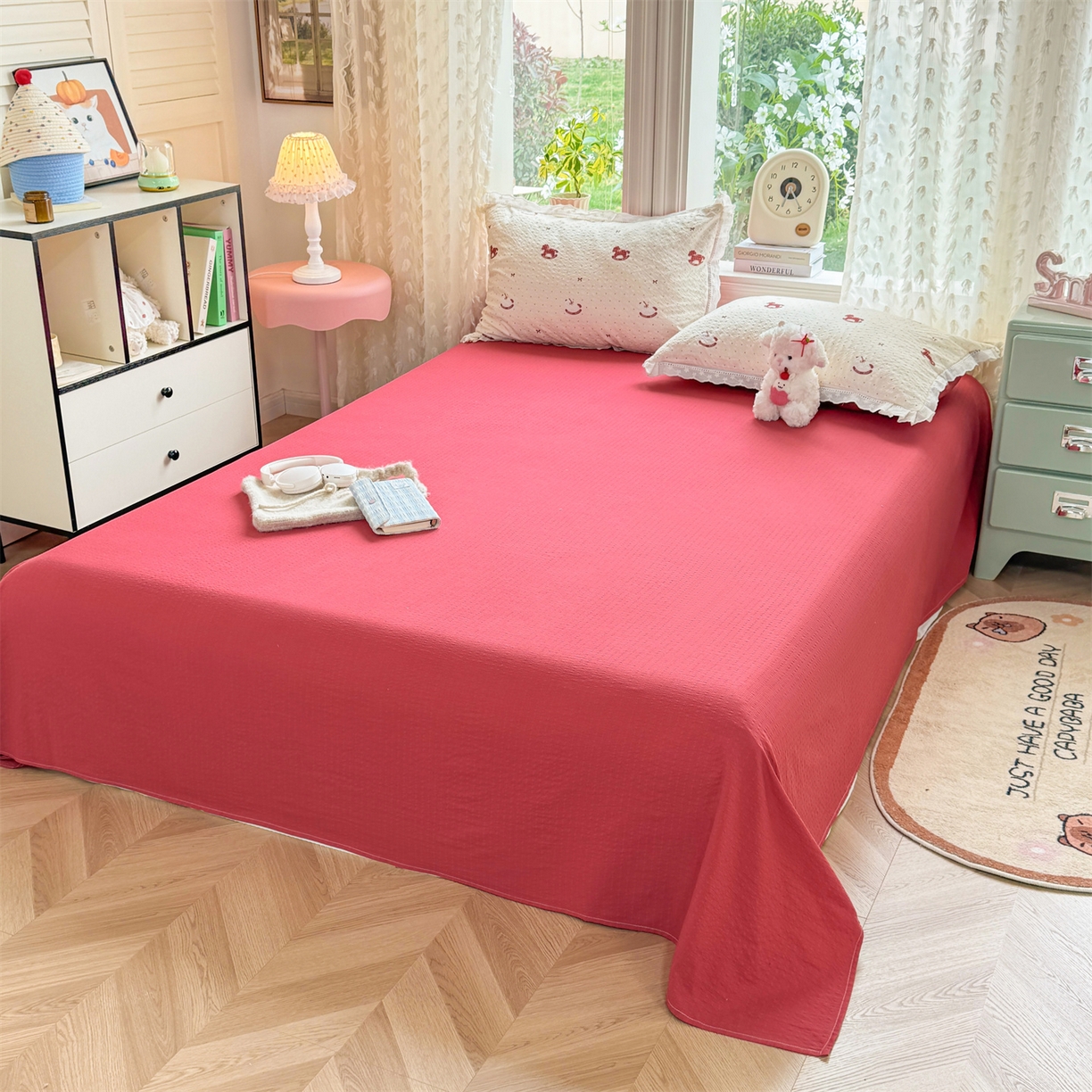 91家纺网 家纺一手货源 找家纺 优贝 2026直播爆款云感双层纱皱皱纱韩系花边夏被四件套 马上有钱