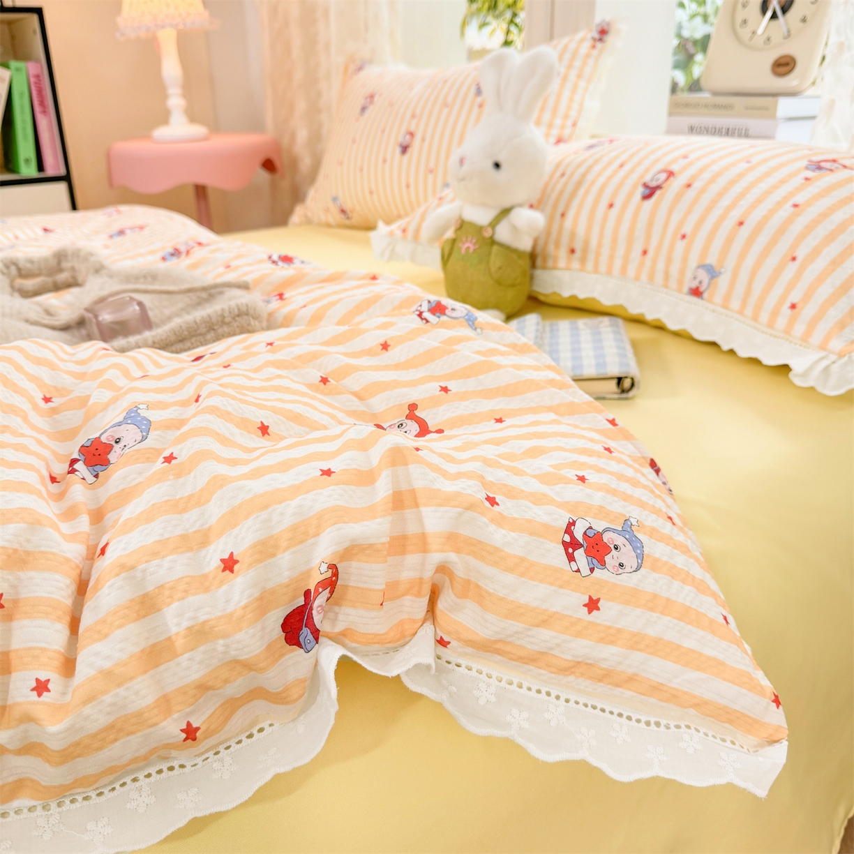 91家纺网 家纺一手货源 找家纺 优贝 2026直播爆款云感双层纱皱皱纱韩系花边夏被四件套 魔法星星