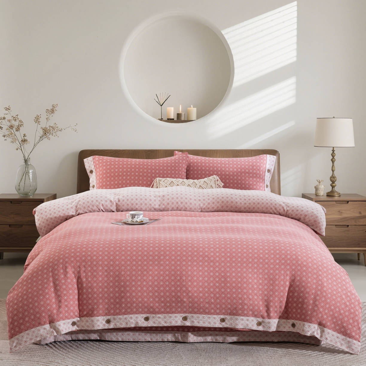 91家纺网 家纺一手货源 找家纺 仰望棉麻双层纱供应链 2026新款艺语一花三色全棉色织提花双层纱纽扣款四件套 艺语-藕紫