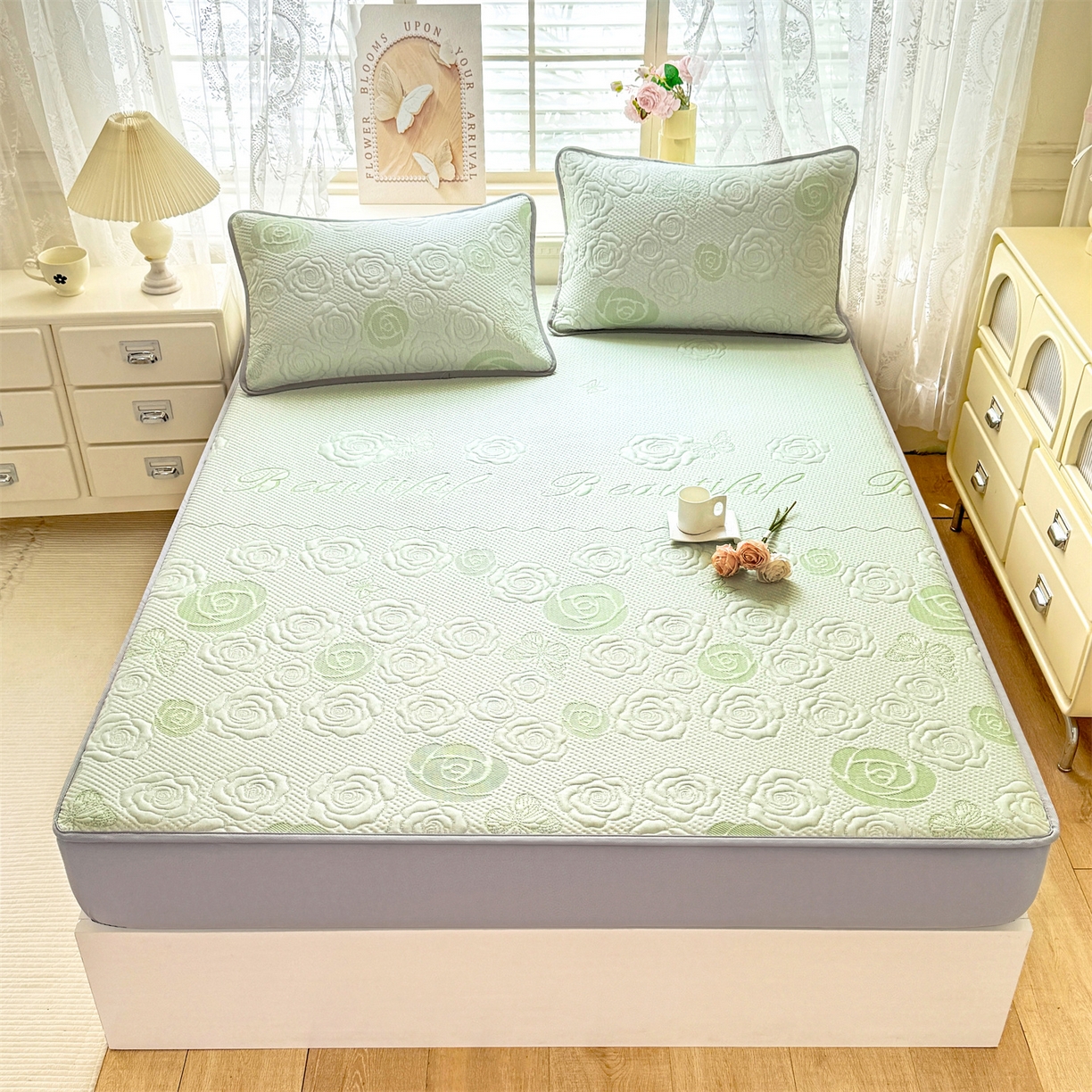 91家纺网 家纺一手货源 找家纺 优贝 2026新款A类凉感豆豆席三件套床笠软席子 花韵-清新绿