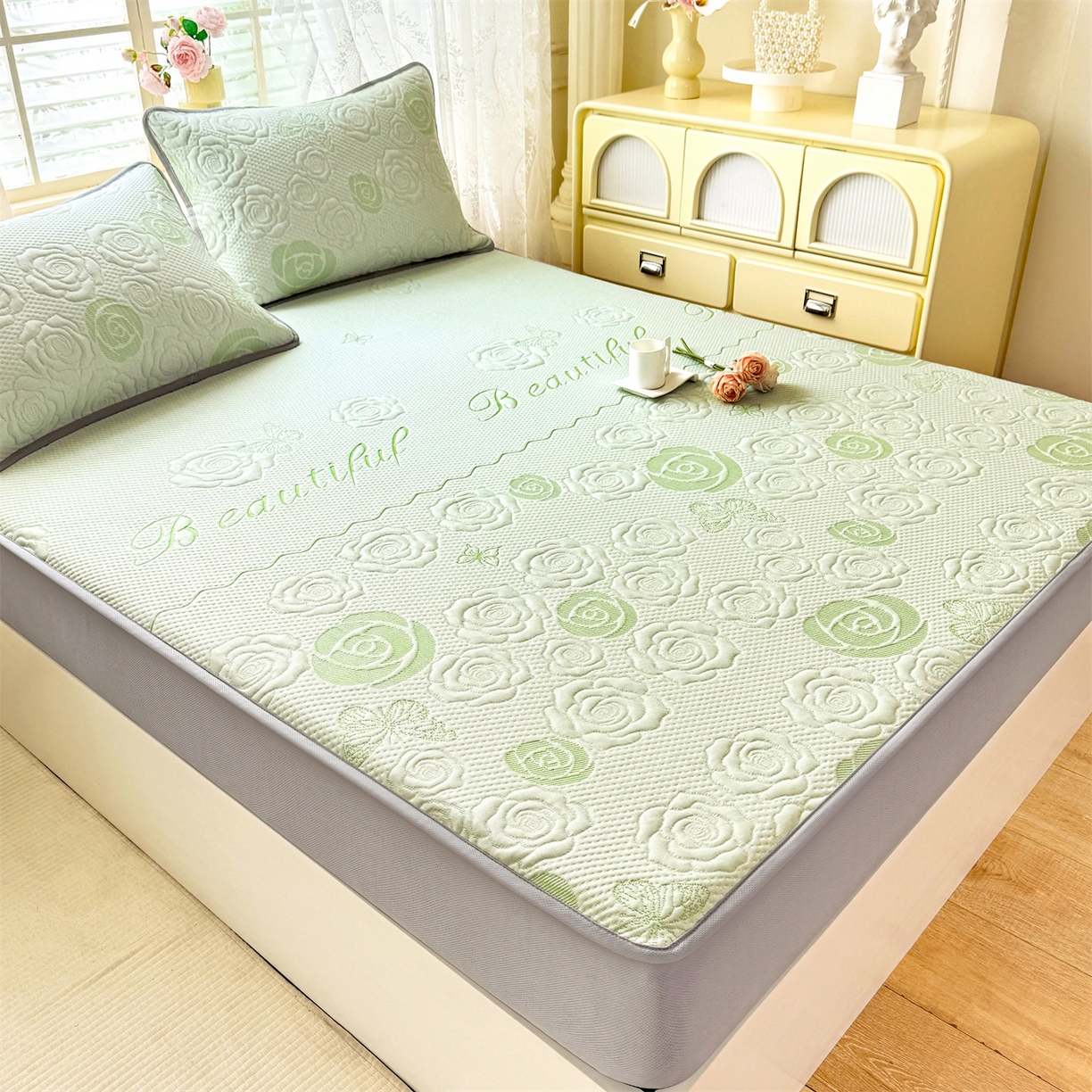 91家纺网 家纺一手货源 找家纺 优贝 2026新款A类凉感豆豆席三件套床笠软席子 花韵-清新绿