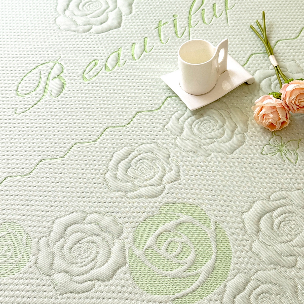 91家纺网 家纺一手货源 找家纺 优贝 2026新款A类凉感豆豆席三件套床笠软席子 花韵-清新绿