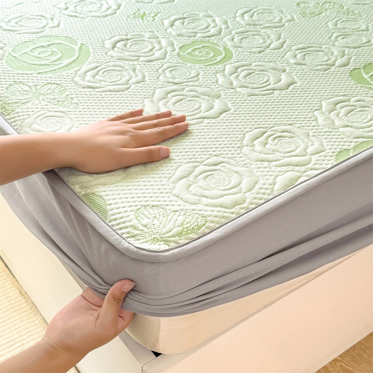 91家纺网 家纺一手货源 找家纺 优贝 2026新款A类凉感豆豆席三件套床笠软席子 花韵-清新绿