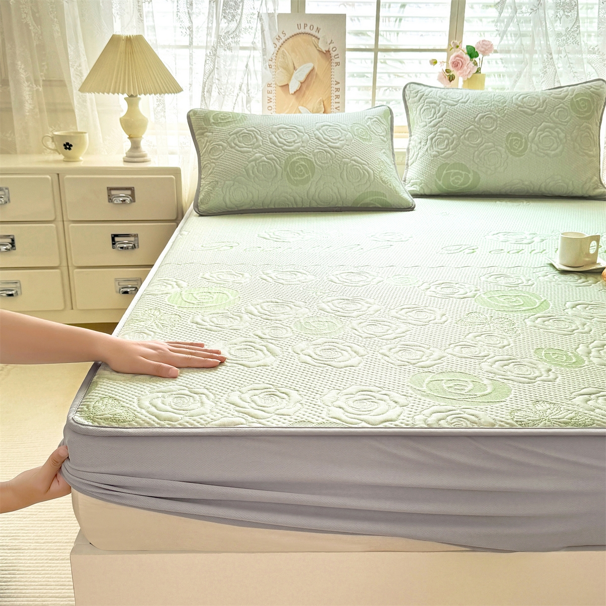 91家纺网 家纺一手货源 找家纺 优贝 2026新款A类凉感豆豆席三件套床笠软席子 花韵-清新绿