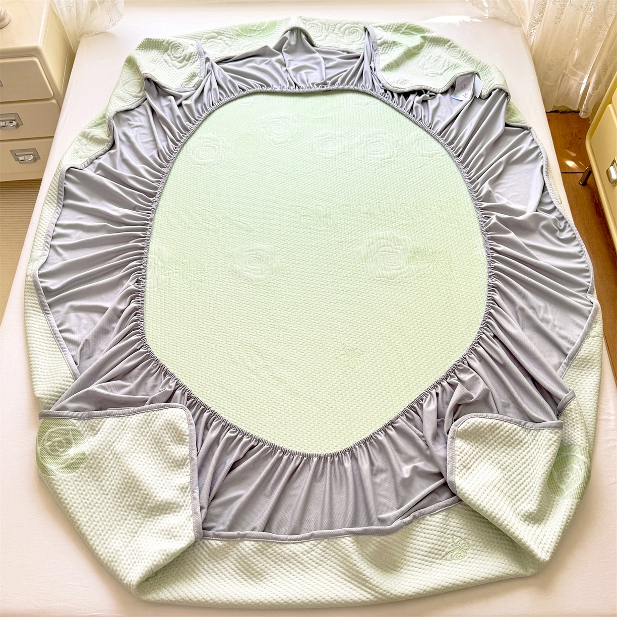 91家纺网 家纺一手货源 找家纺 优贝 2026新款A类凉感豆豆席三件套床笠软席子 花韵-清新绿