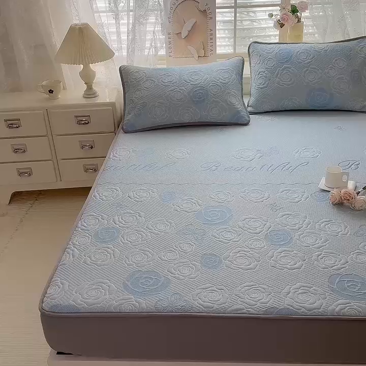 91家纺网 家纺一手货源 找家纺 优贝 2026新款A类凉感豆豆席三件套床笠软席子 花韵-天蓝