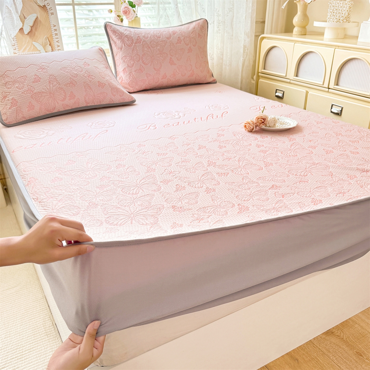 优贝 2026新款A类凉感豆豆席三件套床笠软席子 蝶舞-粉玉