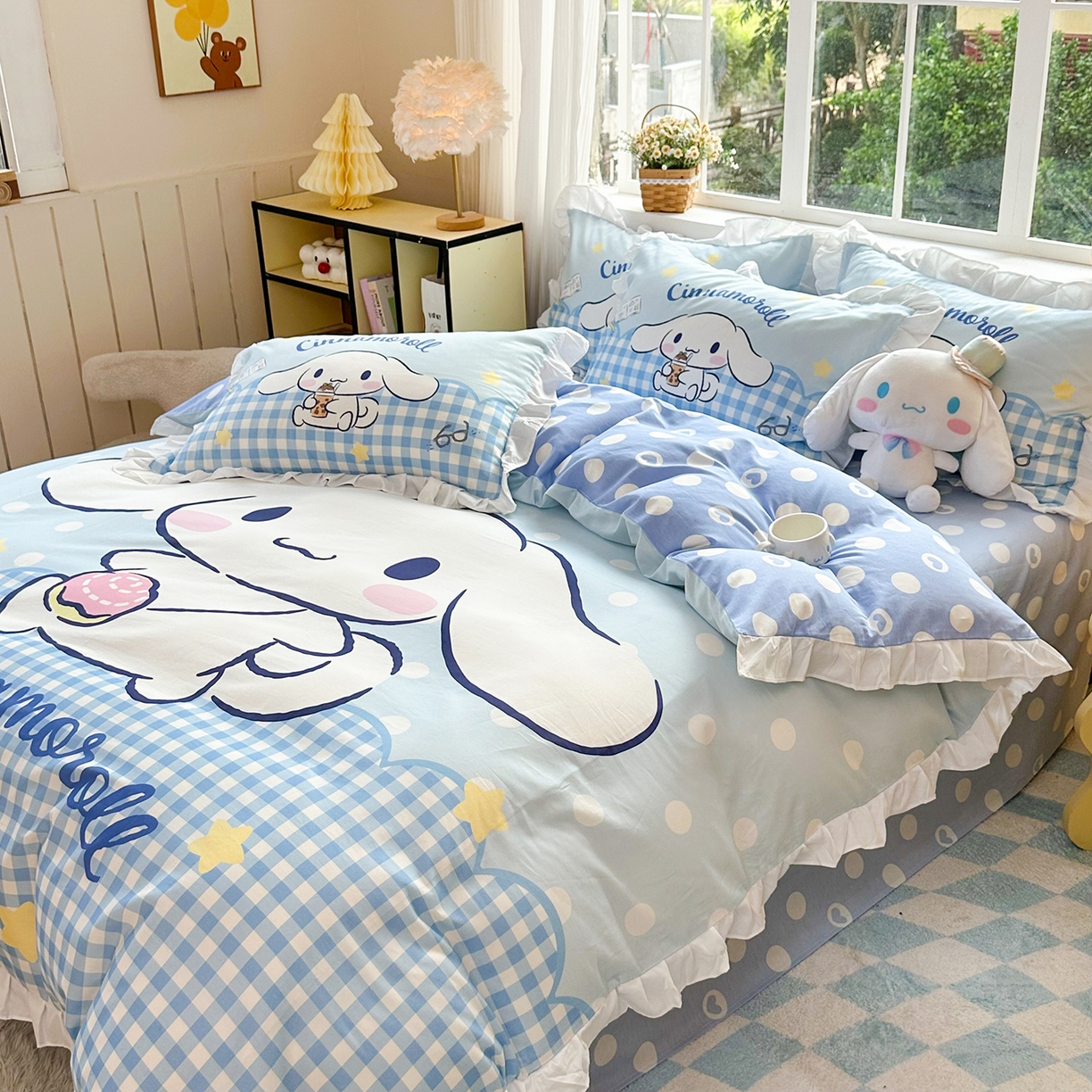 91家纺网 家纺一手货源 找家纺 玉元坊 2026新款三丽鸥正版授权玉桂狗布丁狗全棉纯棉床单床笠床裙三四件套 奶芙玉桂狗-白花边