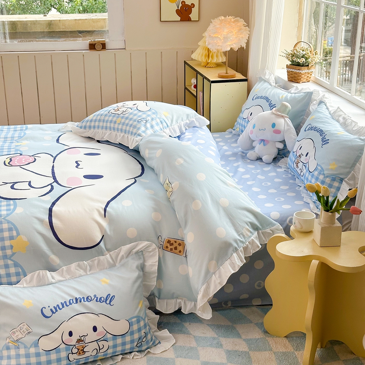 91家纺网 家纺一手货源 找家纺 玉元坊 2026新款三丽鸥正版授权玉桂狗布丁狗全棉纯棉床单床笠床裙三四件套 奶芙玉桂狗-白花边