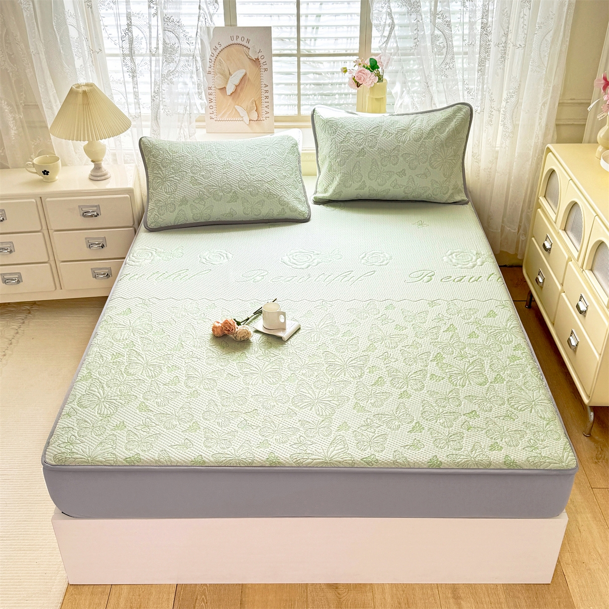 91家纺网 家纺一手货源 找家纺 优贝 2026新款A类凉感豆豆席三件套床笠软席子 蝶舞-清新绿