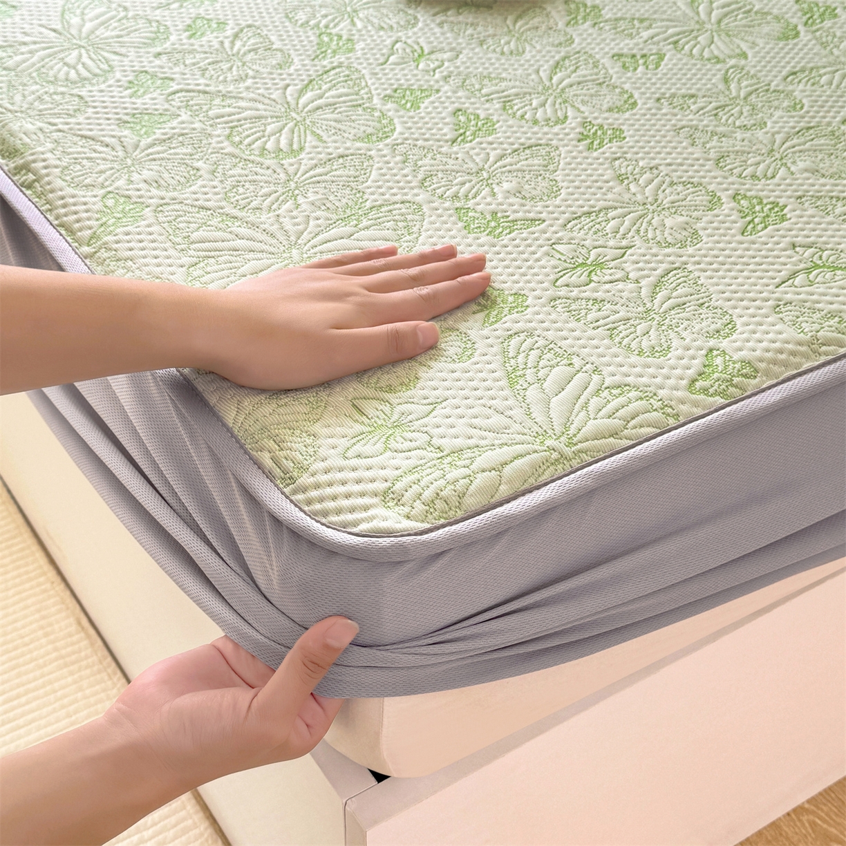 91家纺网 家纺一手货源 找家纺 优贝 2026新款A类凉感豆豆席三件套床笠软席子 蝶舞-清新绿