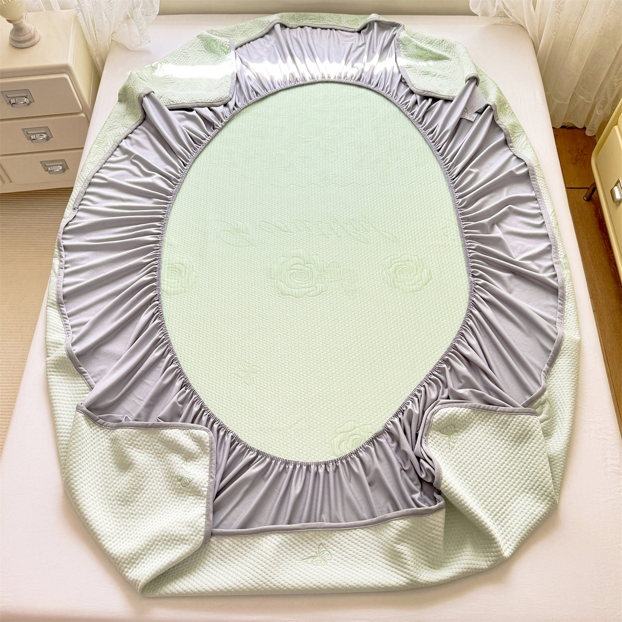 91家纺网 家纺一手货源 找家纺 优贝 2026新款A类凉感豆豆席三件套床笠软席子 蝶舞-清新绿