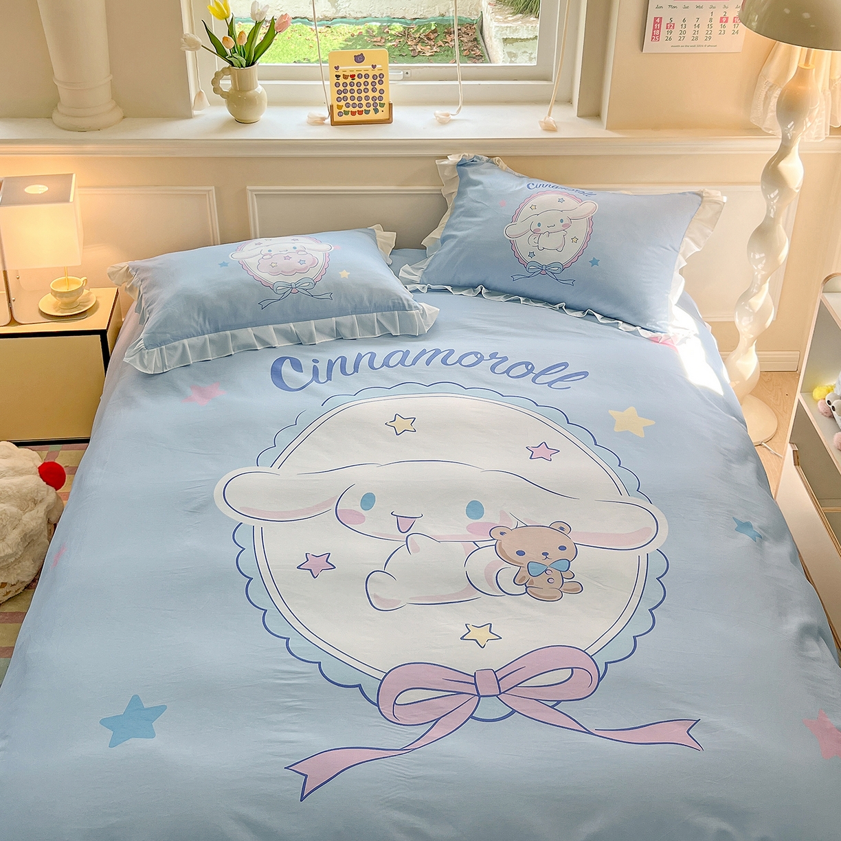 91家纺网 家纺一手货源 找家纺 玉元坊 2026新款三丽鸥正版授权玉桂狗布丁狗全棉纯棉床单床笠床裙三四件套 大版花边-大耳兔