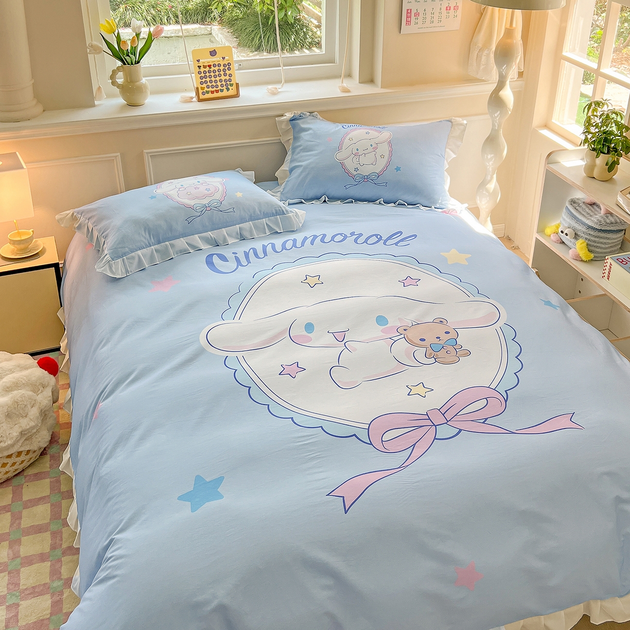 91家纺网 家纺一手货源 找家纺 玉元坊 2026新款三丽鸥正版授权玉桂狗布丁狗全棉纯棉床单床笠床裙三四件套 大版花边-大耳兔