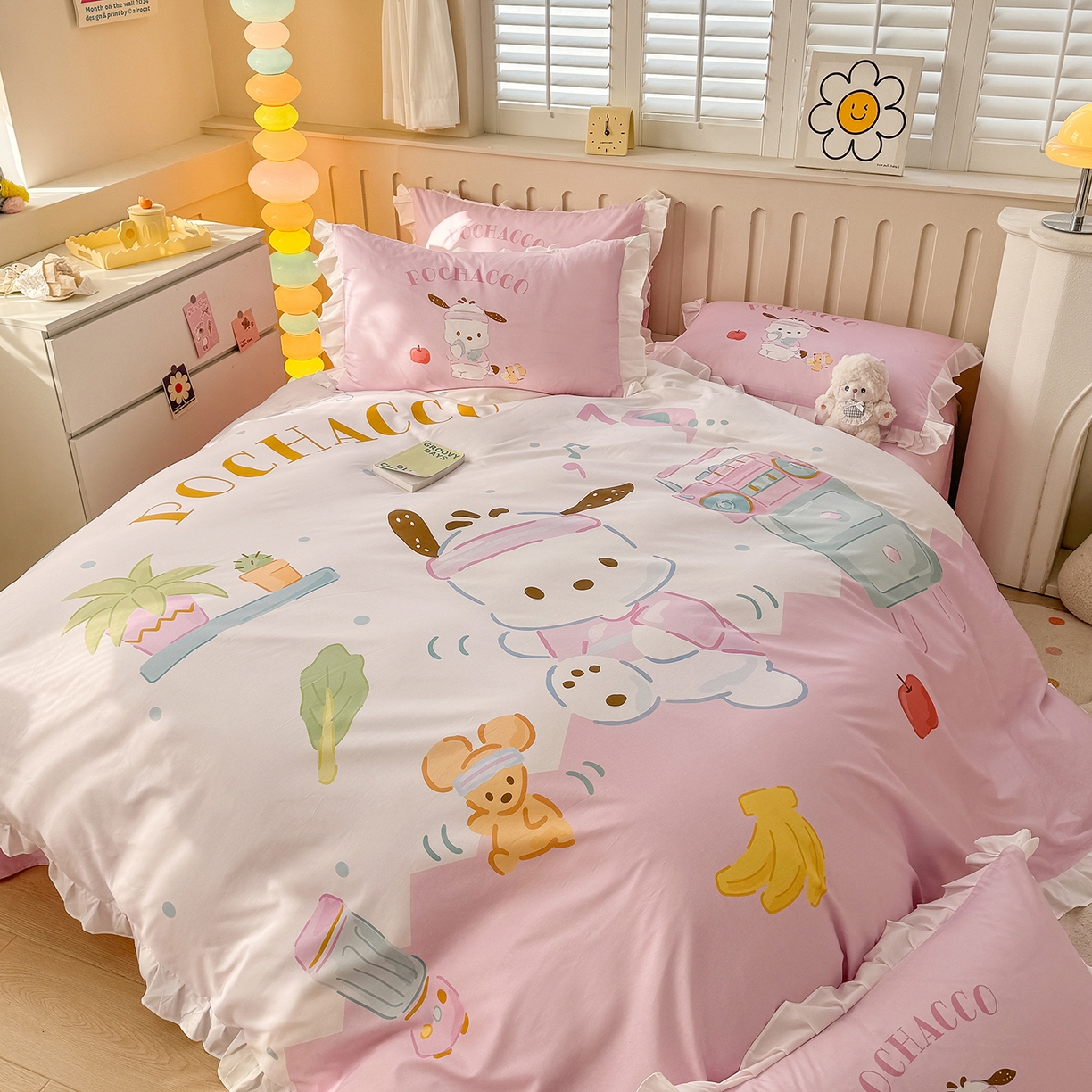 91家纺网 家纺一手货源 找家纺 玉元坊 2026新款三丽鸥正版授权玉桂狗布丁狗全棉纯棉床单床笠床裙三四件套 花边款-活力帕恰狗