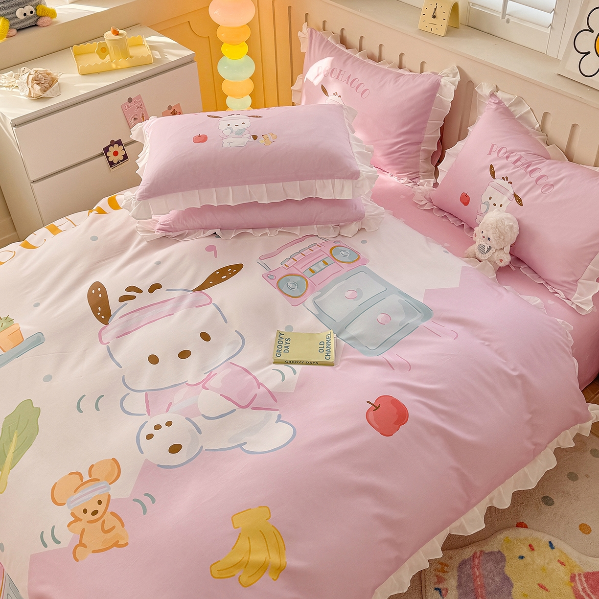 91家纺网 家纺一手货源 找家纺 玉元坊 2026新款三丽鸥正版授权玉桂狗布丁狗全棉纯棉床单床笠床裙三四件套 花边款-活力帕恰狗