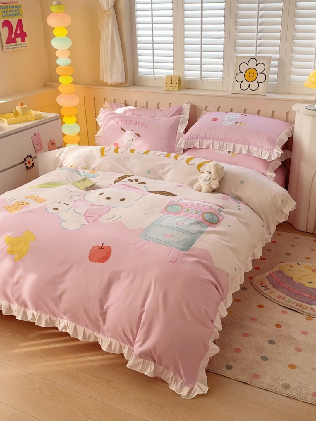 91家纺网 家纺一手货源 找家纺 玉元坊 2026新款三丽鸥正版授权玉桂狗布丁狗全棉纯棉床单床笠床裙三四件套 花边款-活力帕恰狗