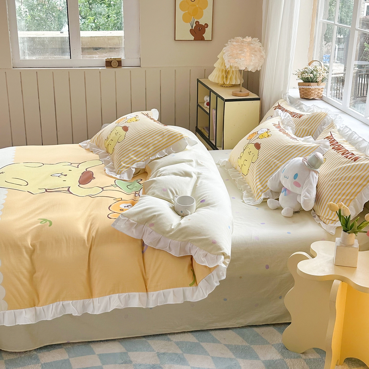 91家纺网 家纺一手货源 找家纺 玉元坊 2026新款三丽鸥正版授权玉桂狗布丁狗全棉纯棉床单床笠床裙三四件套 奶黄布丁狗-白花边