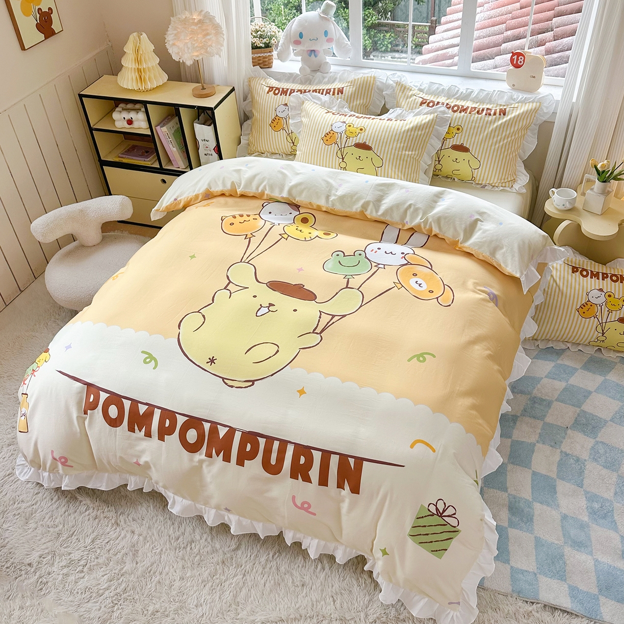 91家纺网 家纺一手货源 找家纺 玉元坊 2026新款三丽鸥正版授权玉桂狗布丁狗全棉纯棉床单床笠床裙三四件套 奶黄布丁狗-白花边