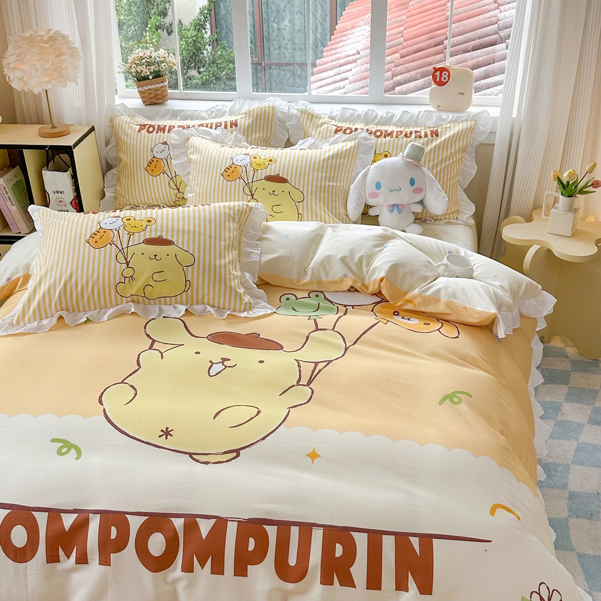 91家纺网 家纺一手货源 找家纺 玉元坊 2026新款三丽鸥正版授权玉桂狗布丁狗全棉纯棉床单床笠床裙三四件套 奶黄布丁狗-白花边