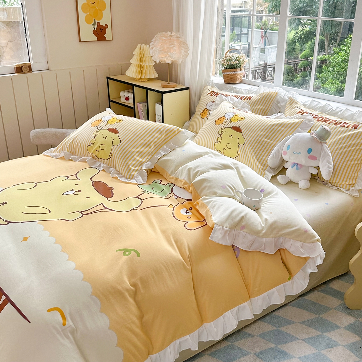 91家纺网 家纺一手货源 找家纺 玉元坊 2026新款三丽鸥正版授权玉桂狗布丁狗全棉纯棉床单床笠床裙三四件套 奶黄布丁狗-白花边