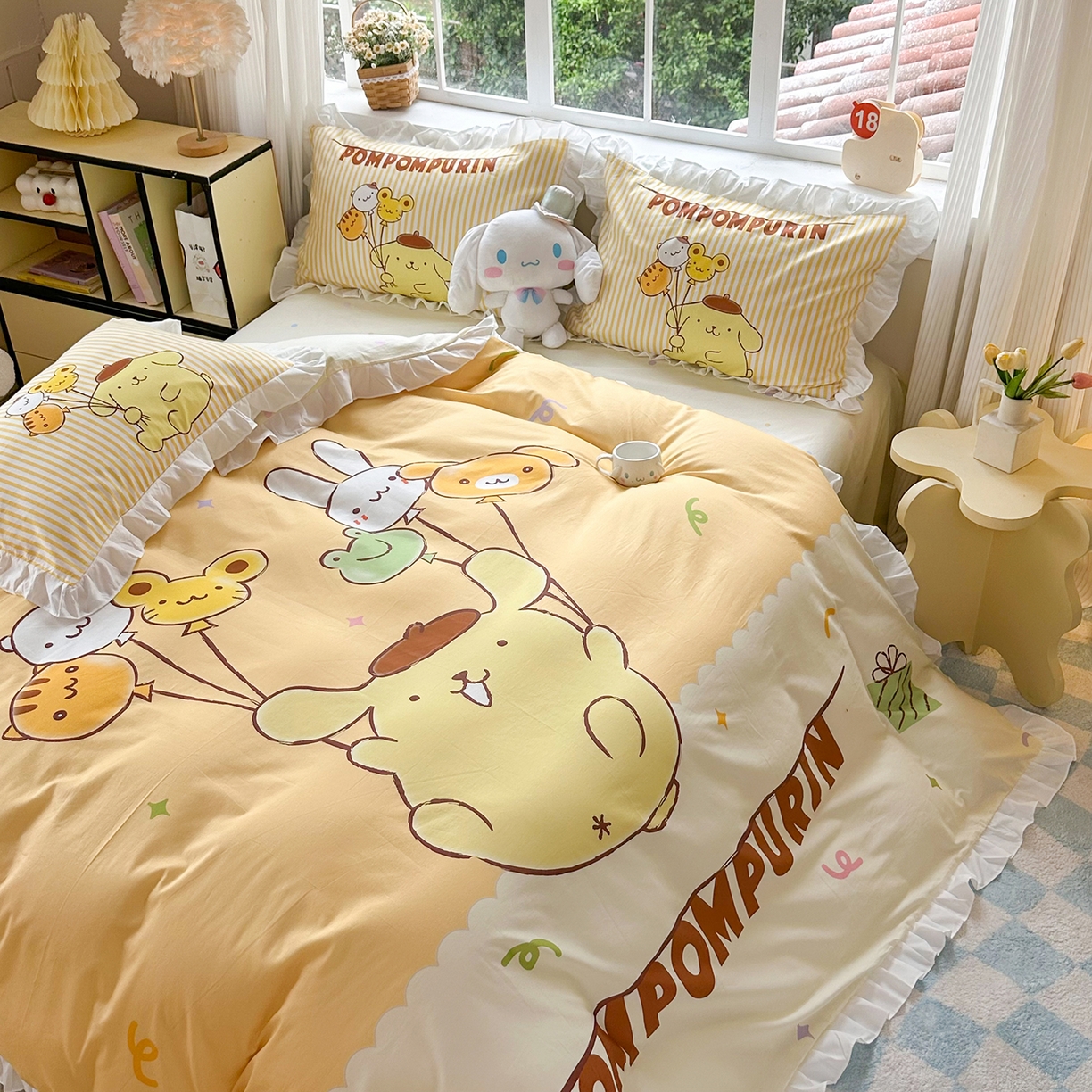 91家纺网 家纺一手货源 找家纺 玉元坊 2026新款三丽鸥正版授权玉桂狗布丁狗全棉纯棉床单床笠床裙三四件套 奶黄布丁狗-白花边