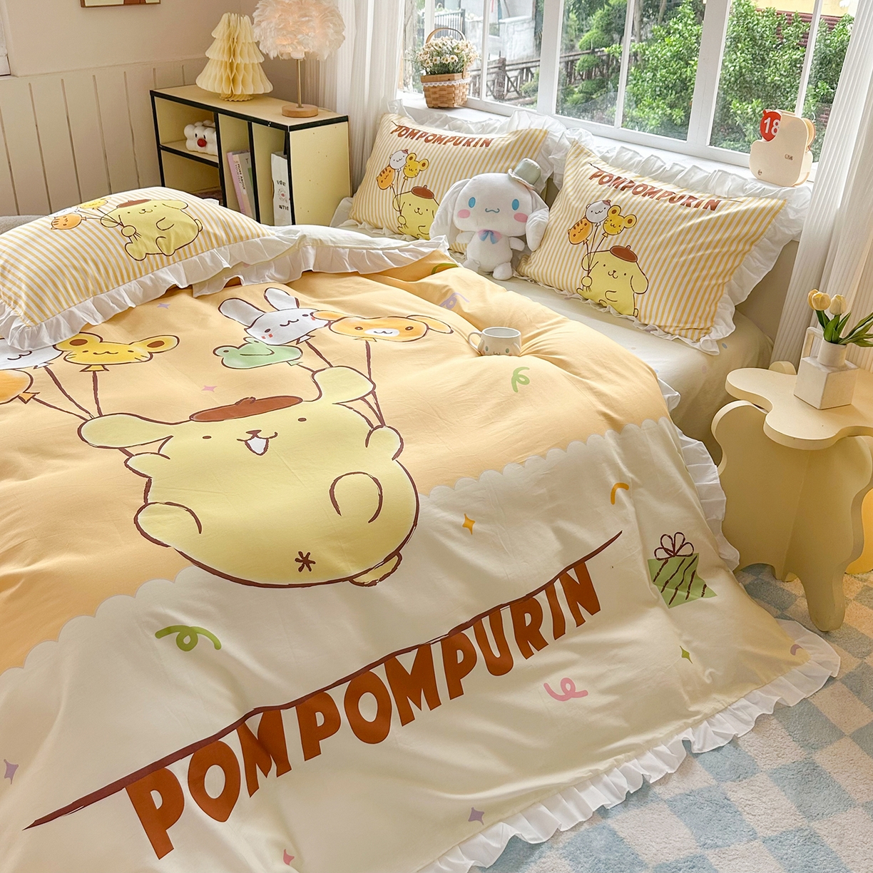 91家纺网 家纺一手货源 找家纺 玉元坊 2026新款三丽鸥正版授权玉桂狗布丁狗全棉纯棉床单床笠床裙三四件套 奶黄布丁狗-白花边