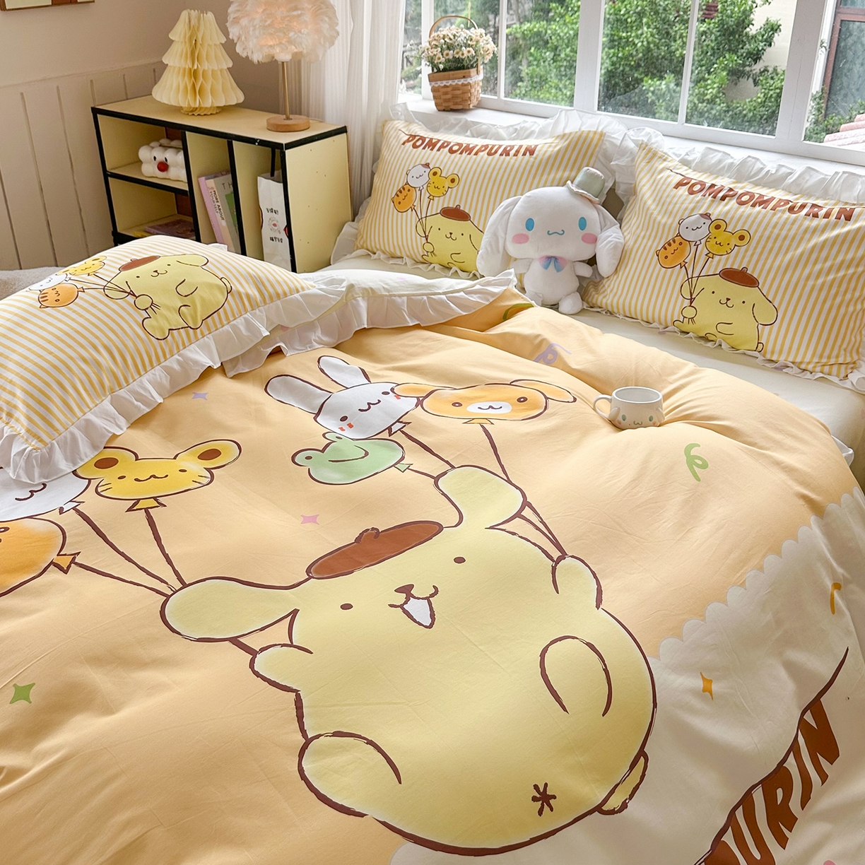 91家纺网 家纺一手货源 找家纺 玉元坊 2026新款三丽鸥正版授权玉桂狗布丁狗全棉纯棉床单床笠床裙三四件套 奶黄布丁狗-白花边