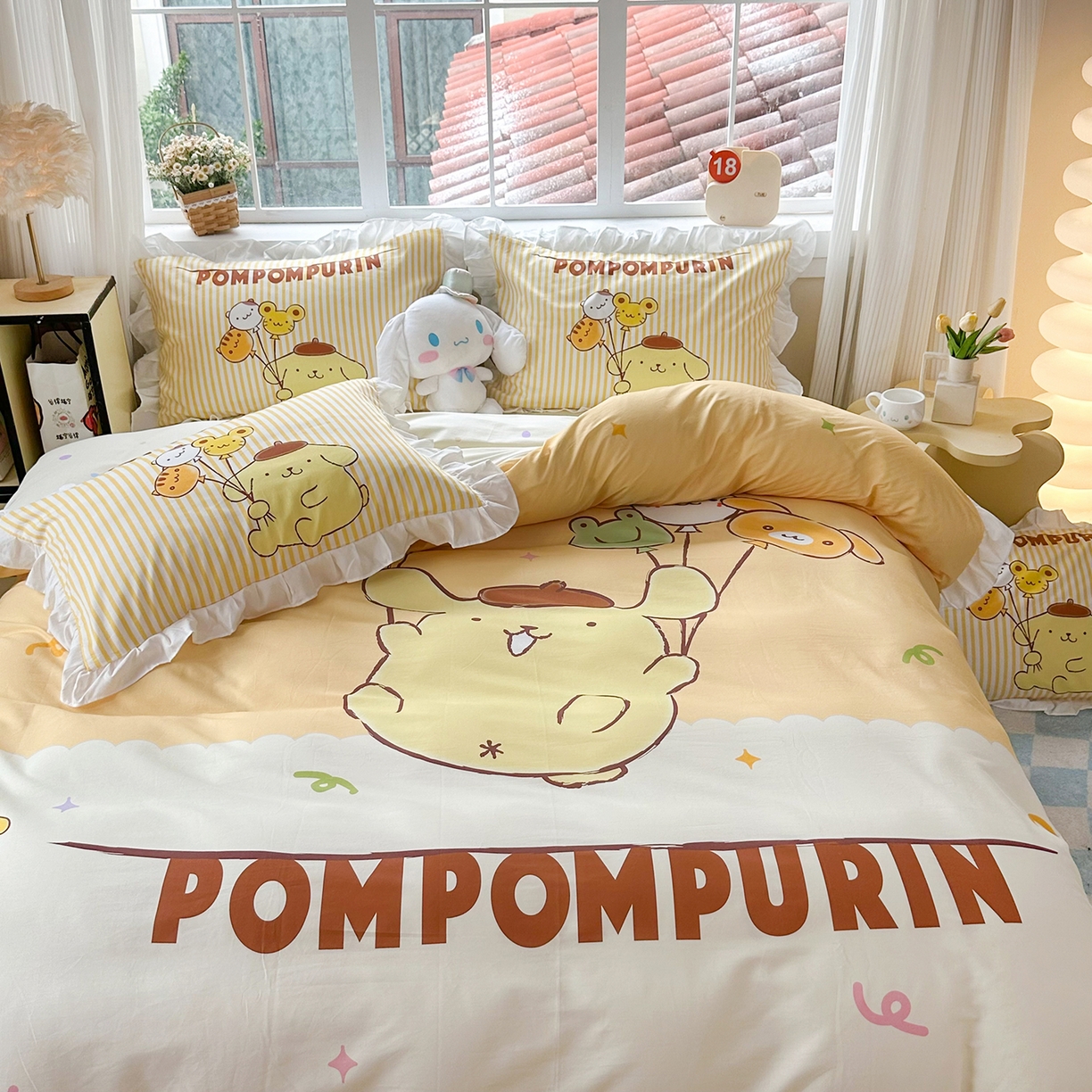 91家纺网 家纺一手货源 找家纺 玉元坊 2026新款三丽鸥正版授权玉桂狗布丁狗全棉纯棉床单床笠床裙三四件套 奶黄布丁狗-白花边