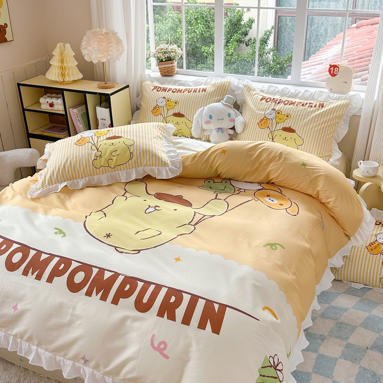 91家纺网 家纺一手货源 找家纺 玉元坊 2026新款三丽鸥正版授权玉桂狗布丁狗全棉纯棉床单床笠床裙三四件套 奶黄布丁狗-白花边