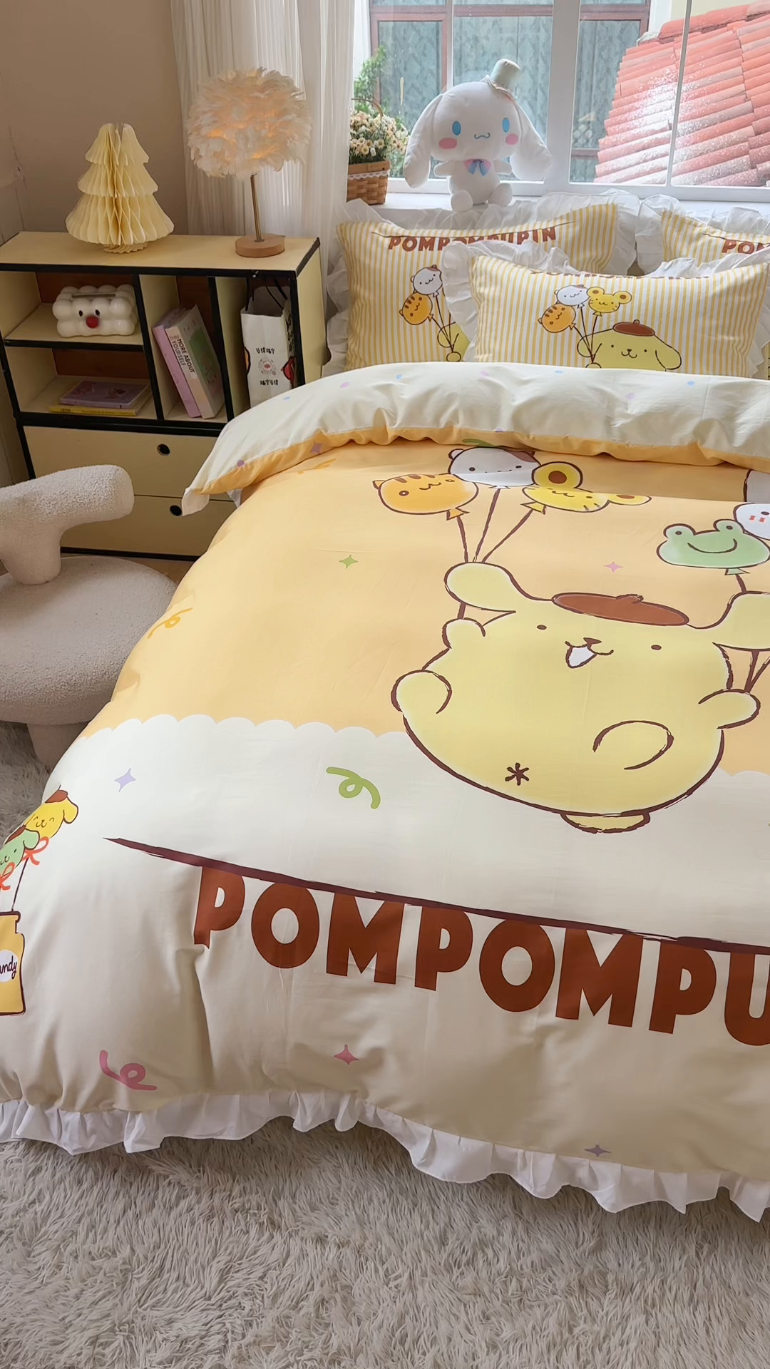 91家纺网 家纺一手货源 找家纺 玉元坊 2026新款三丽鸥正版授权玉桂狗布丁狗全棉纯棉床单床笠床裙三四件套 奶黄布丁狗-白花边